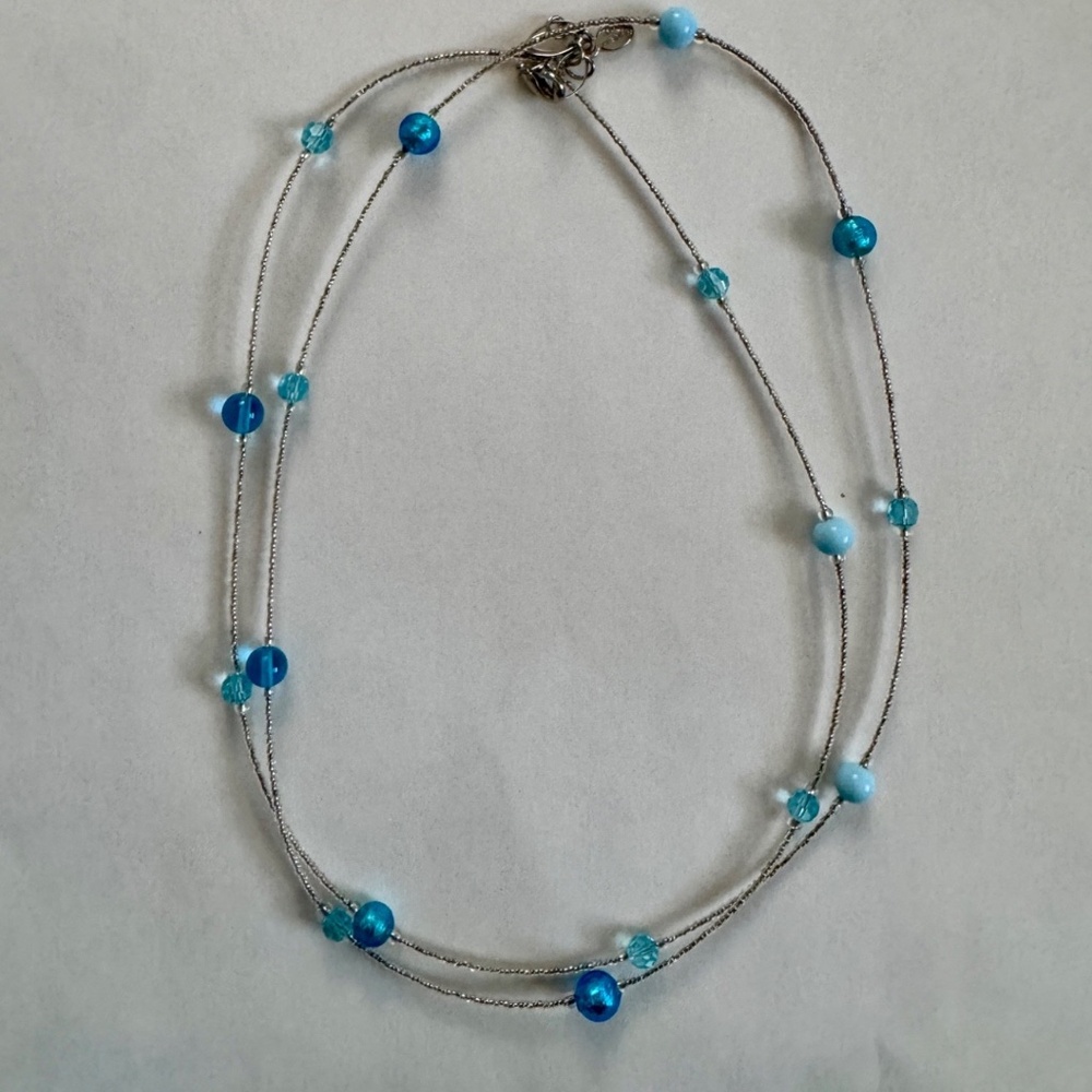 Share  Italian Murano Glass Blue and Silver/White Beaded Necklace, New w/Box, 20